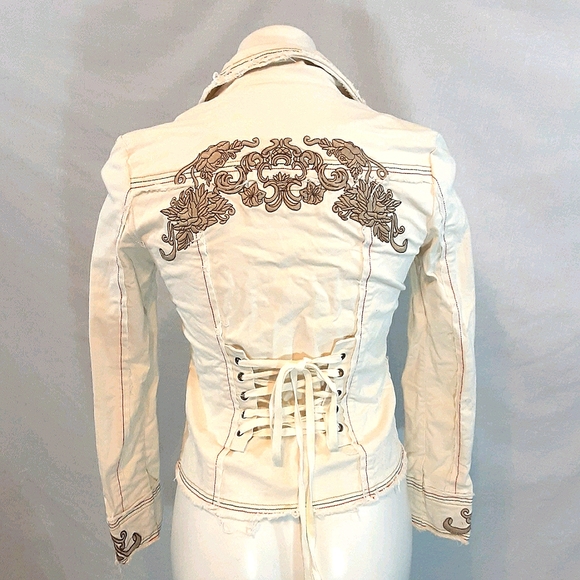 West 36th Western Frayed Edges Zipped Up Embroidered Denim Jacket Small - Picture 7 of 8